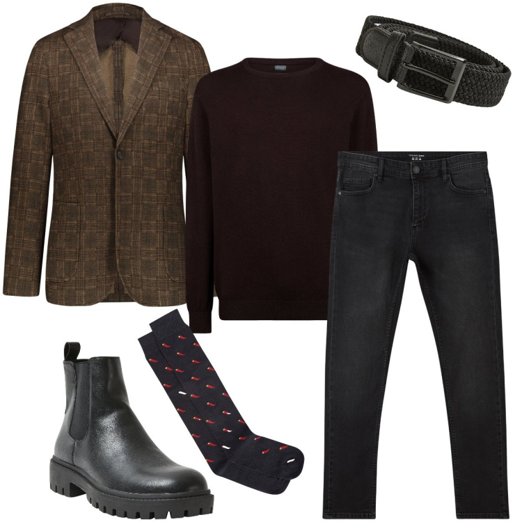 Outfit uomo - Il jeans nero. Stile Business/Elegante per Cerimonia. Abbinamento con jeans skinny, stivali e stivaletti, cinture, giacche, maglieria, calzini.