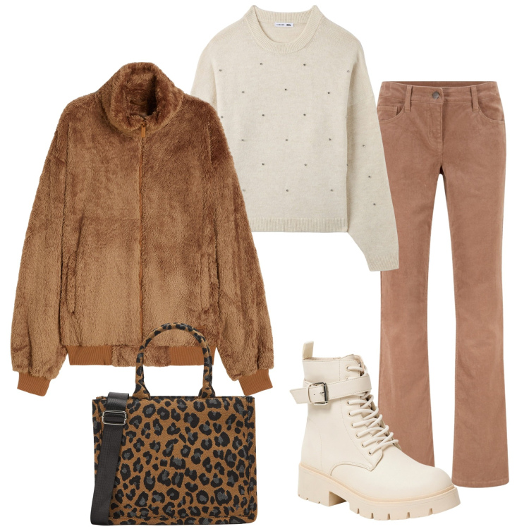 Outfit donna - Borsa maculata. Stile Casual per Tutti i giorni. Abbinamento con pantaloni, shopping bag, maglieria, anfibi, blazer.