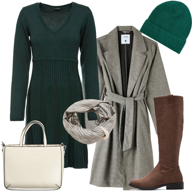Outfit donna - Armoniosa in verde. Stile Bon Ton per Ufficio. Abbinamento con vestiti, stivali, cappotti, sciarpe, berretti, borse a spalla.