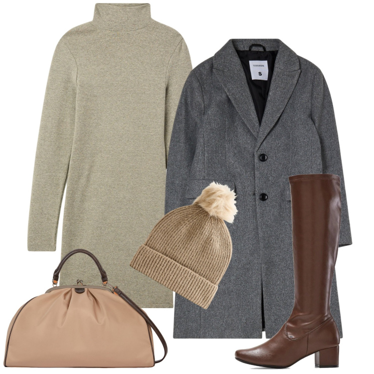Outfit donna - Novembre comodo. Stile Bon Ton per Ufficio. Abbinamento con stivali, vestiti corti, cappotti, berretti, borse a spalla.