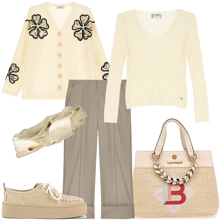 Outfit donna - Tonalità neutro. Stile Casual chic per Ufficio. Abbinamento con maglieria, cardigans, mocassini, pantaloni, borse a mano, sciarpe.