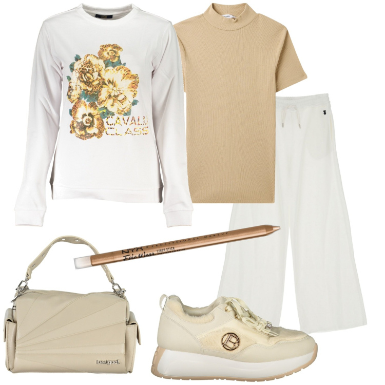 Outfit donna - Total look #2005860. Stile Sporty chic per Tutti i giorni. Abbinamento con eyeliner, t-shirt, pantaloni a palazzo, sneakers, felpe, borse a spalla.