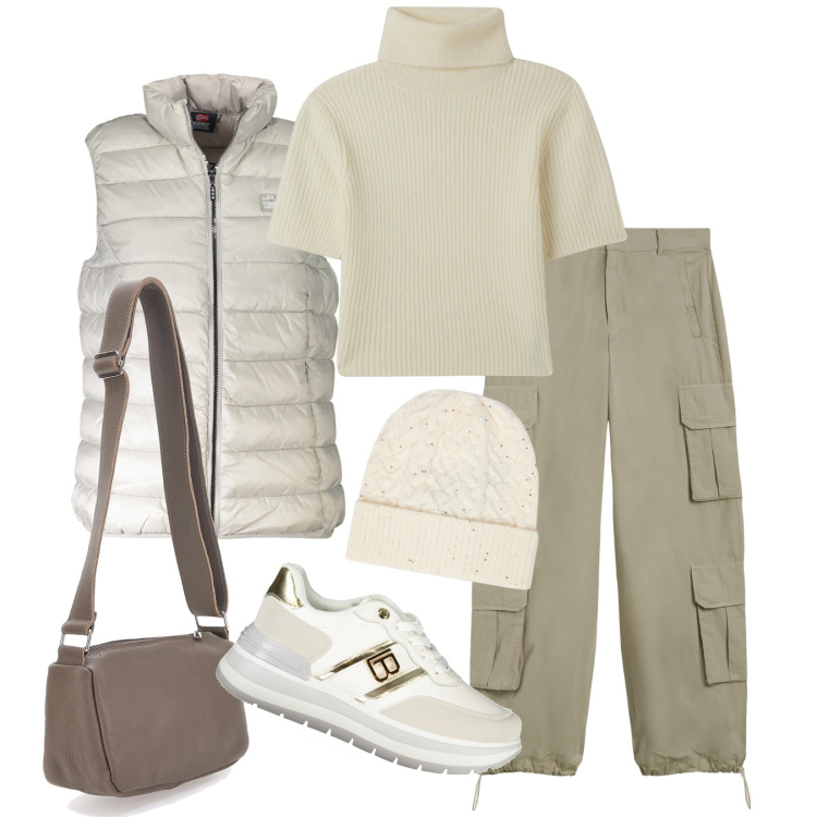 Outfit donna - Sportiva in tonalità neutri. Stile Casual per Tutti i giorni. Abbinamento con maglieria, pantaloni cargo, sneakers, blazer, borse a tracolla, cappelli.