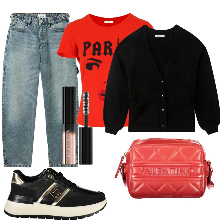 Outfit donna - Total look #2005868. Stile Casual per Tutti i giorni. Abbinamento con mascara, cardigans, jeans, t-shirt, sneakers, borse a tracolla.