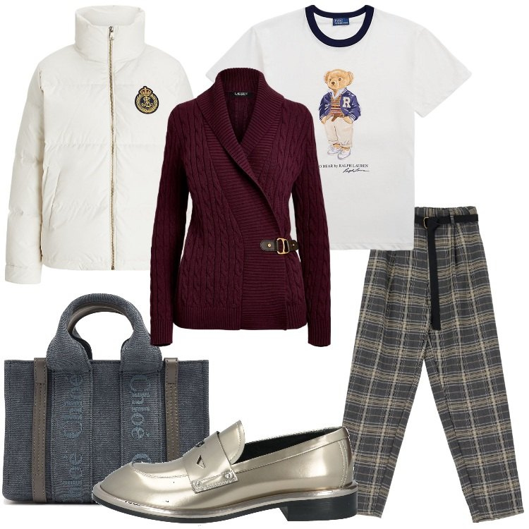 Outfit donna - Primi regali natalizi. Stile Preppy per Tutti i giorni. Abbinamento con mocassini, pantaloni, t-shirt, maglieria, piumini, borse a mano.