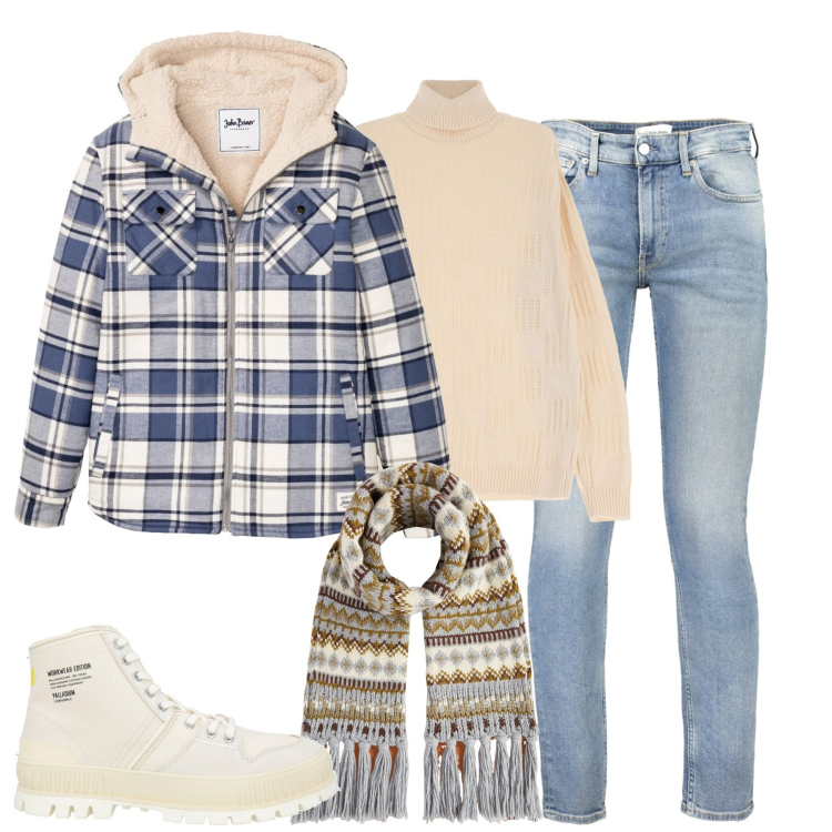 Outfit uomo - Total look #2005875. Stile Casual per Tutti i giorni. Abbinamento con stivali e stivaletti, cappotti, maglieria, sciarpe, jeans.