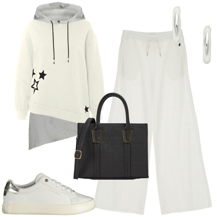 Outfit donna - Relaxing time. Stile Casual per Tutti i giorni. Abbinamento con felpe con cappuccio, shopping bag, pantaloni a palazzo, orecchini, sneakers.
