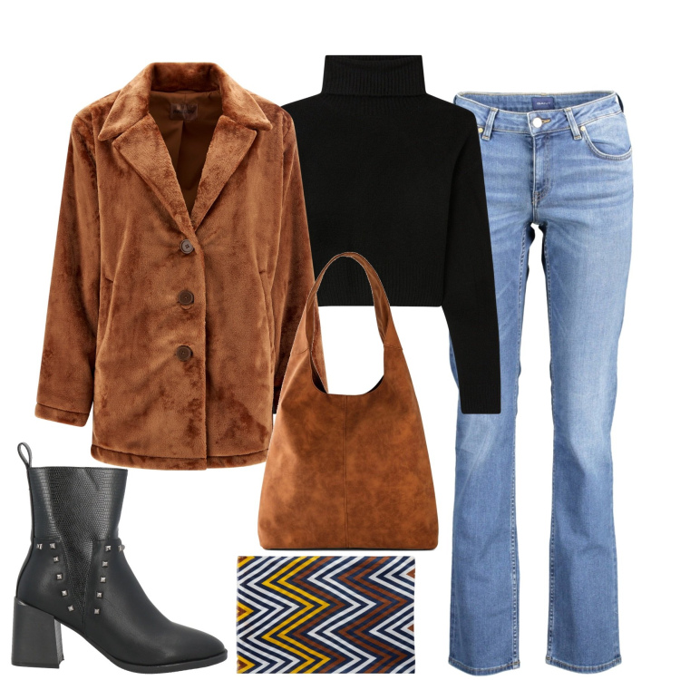 Outfit donna - City. Stile Urban per Tutti i giorni. Abbinamento con shopping bag, stivaletti, maglieria, cappotti, jeans, sciarpe.
