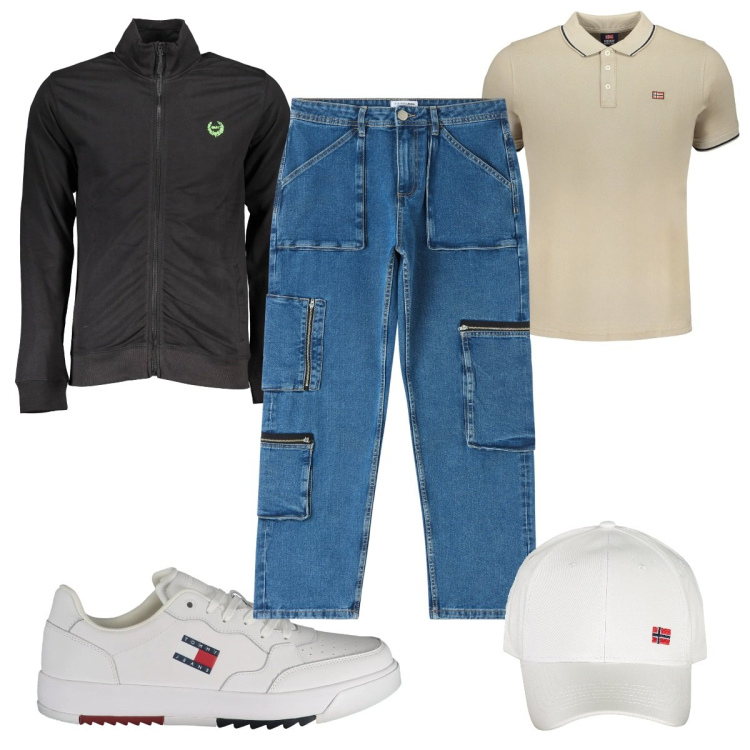 Outfit uomo - Total look #2005881. Stile Casual per Tutti i giorni. Abbinamento con jeans, cappelli con visiera, polo, felpe, sneakers.