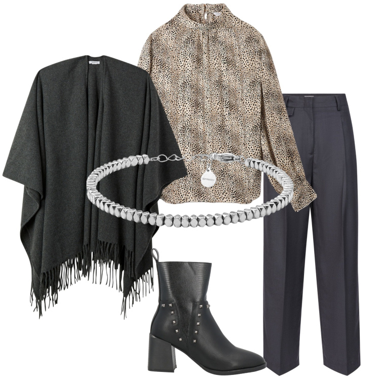 Outfit donna - In città. Stile Casual chic per Tutti i giorni. Abbinamento con stivaletti, cappe, bluse, braccialetti, pantaloni.