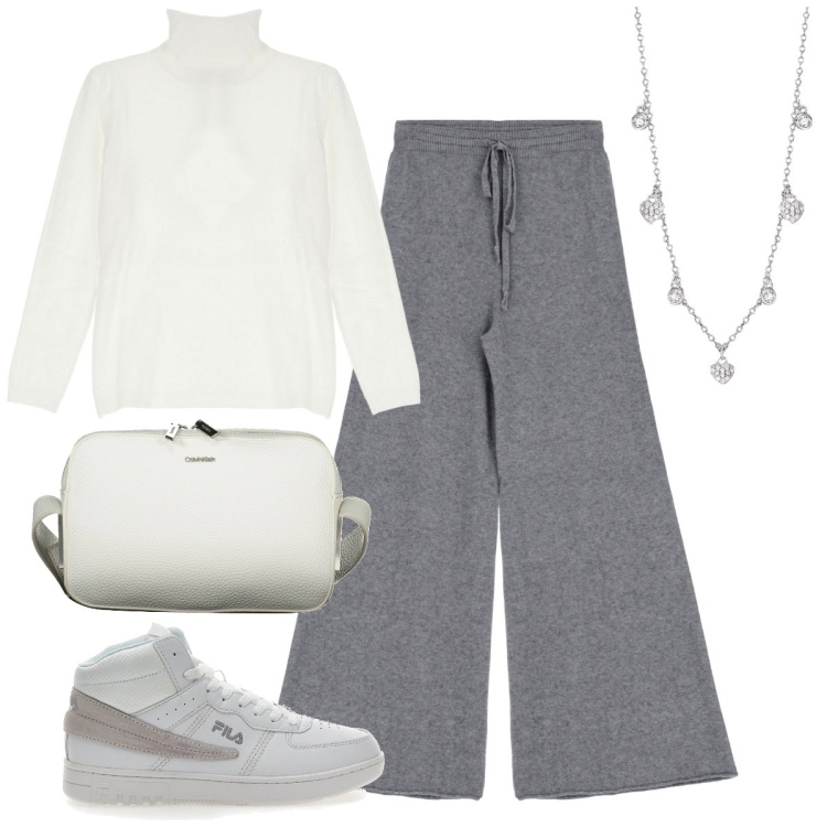 Outfit donna - Simply chic. Stile Minimal per Tutti i giorni. Abbinamento con collane, maglieria, pantaloni, sneakers, borse a tracolla.