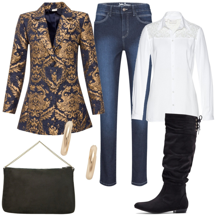 Outfit donna - Blazer e stivali. Stile Casual chic per Tutti i giorni. Abbinamento con jeans skinny, cappotti, stivali, camicie, pochette, orecchini.