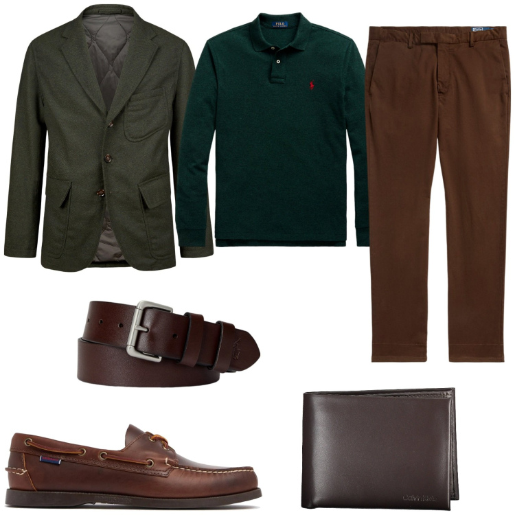 Outfit uomo - Minimal chic. Stile Trendy per Ufficio. Abbinamento con cinture, pantaloni, polo, giacche, portafogli, scarpe stringate.