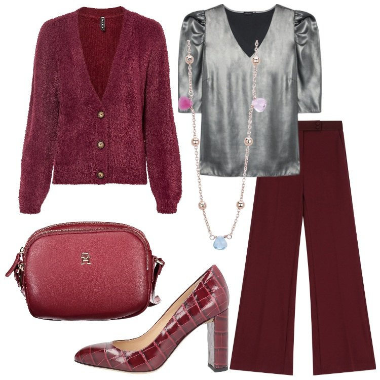 Outfit donna - Gli auguri con i colleghi. Stile Casual chic per Serata fuori. Abbinamento con cardigans, décolleté, collane, pantaloni, bluse, borse a tracolla.
