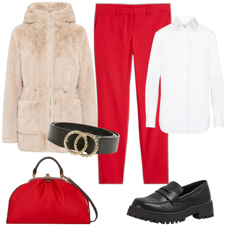 Outfit donna - Pantaloni rossi. Stile Casual chic per Ufficio. Abbinamento con ecopellicce, pantaloni, mocassini, cinture, camicie, borse a spalla.