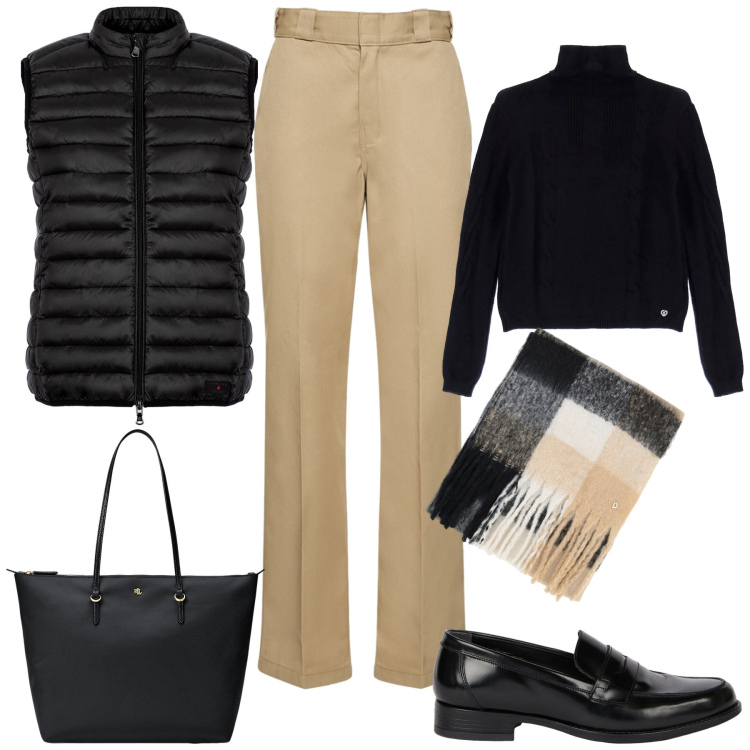 Outfit donna - Stile mannish chic. Stile Mannish per Tutti i giorni. Abbinamento con maglieria, stole, borse tote, piumini, pantaloni, mocassini.