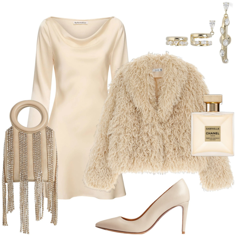 Outfit donna - Christmas Holiday. Stile Chic per Serata fuori. Abbinamento con borse a secchiello, profumi, blazer, décolleté, vestiti, orecchini.