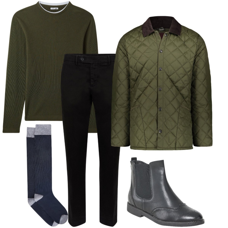 Outfit uomo - Il piumino trapuntato. Stile Business/Elegante per Serata speciale. Abbinamento con stivali e stivaletti, maglieria, pantaloni chino, giacche, calzini.