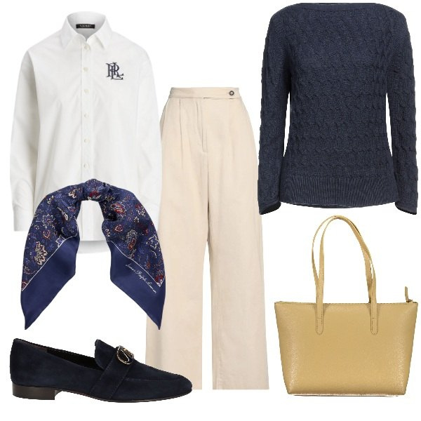 Outfit donna - Pullover e camicia. Stile Urban per Ufficio. Abbinamento con mocassini, pantaloni, pullovers, camicie, foulard, borse a spalla.