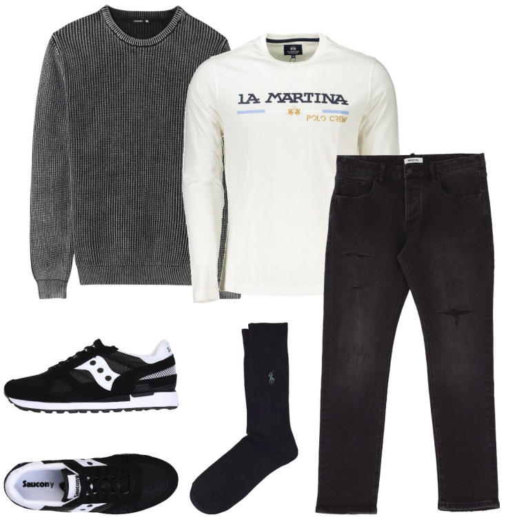 Outfit uomo - A strati. Stile Urban per Ufficio. Abbinamento con sneakers, maglieria, jeans slim fit, calzini, t-shirt.