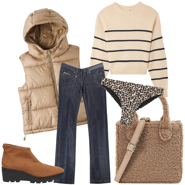 Outfit donna - La borsa peluche. Stile Trendy per Tutti i giorni. Abbinamento con stivaletti, culotte, shopping bag, piumini, maglieria, jeans.