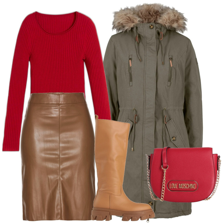 Outfit donna - Toni decisi. Stile Bon Ton per Tutti i giorni. Abbinamento con gonne longuette, parka, maglieria, borse a tracolla, stivali.