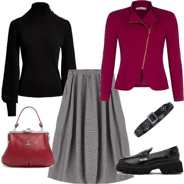 Outfit donna - Colori invernali. Stile Urban per Ufficio. Abbinamento con blazer, gonne, maglieria, cinture, borse a mano, mocassini.