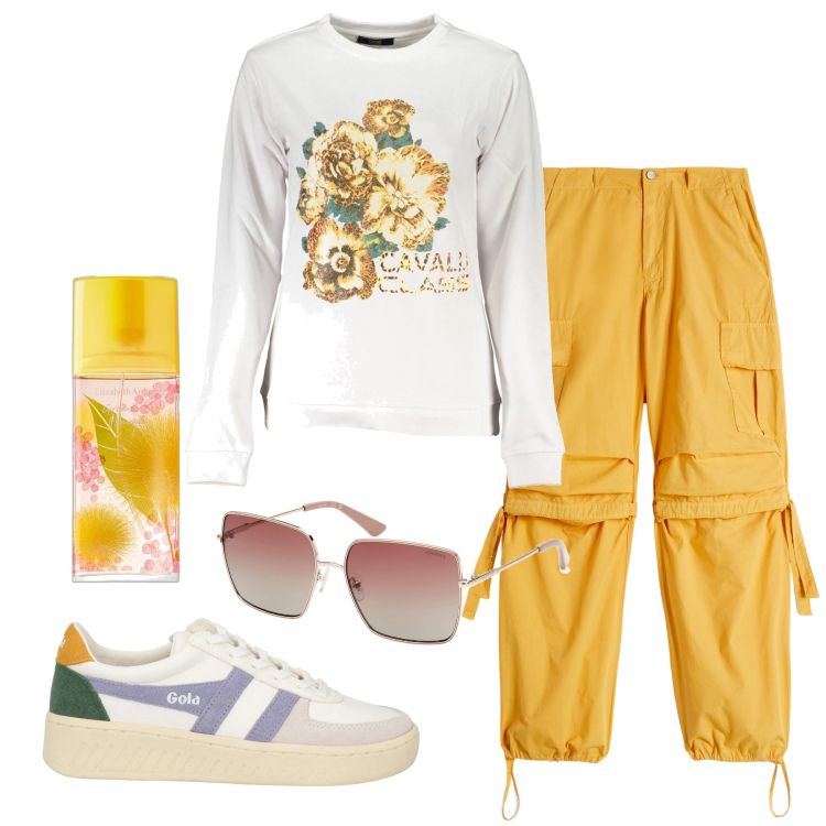 Outfit donna - Casual sportivo giallo mimosa. Stile Casual per Sport. Abbinamento con sneakers, profumi, pantaloni cargo, felpe, occhiali da sole.