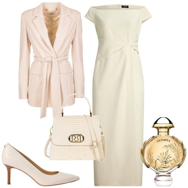 Outfit donna - Toni neutri cerimonia curvy. Stile Bon Ton per Cerimonia. Abbinamento con profumi, borse a mano, blazer, vestiti lunghi, décolleté.