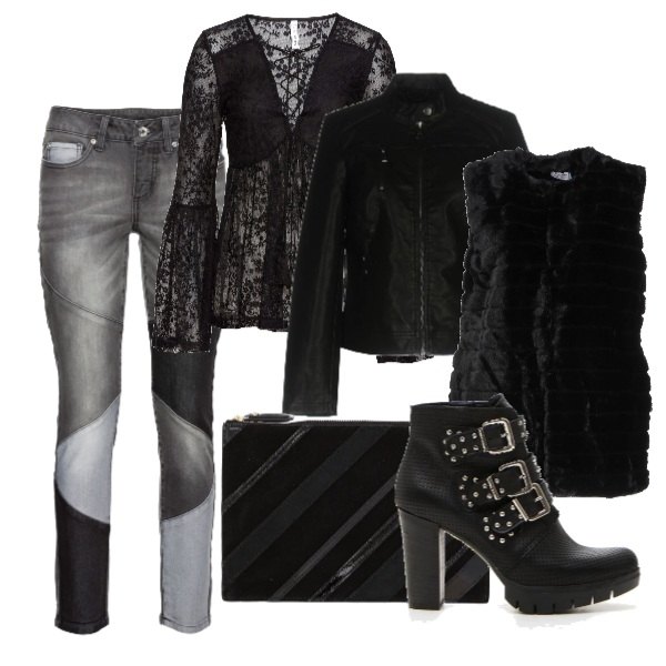 Outfit donna - Eco black. Stile Rock per Serata fuori. Abbinamento con blusa con pizzo scollo profondo nero, jeans skinny, gilet, giubbino, pochette effetto vernice con zip interno foderato in pelle tinta unita, stivaletti.