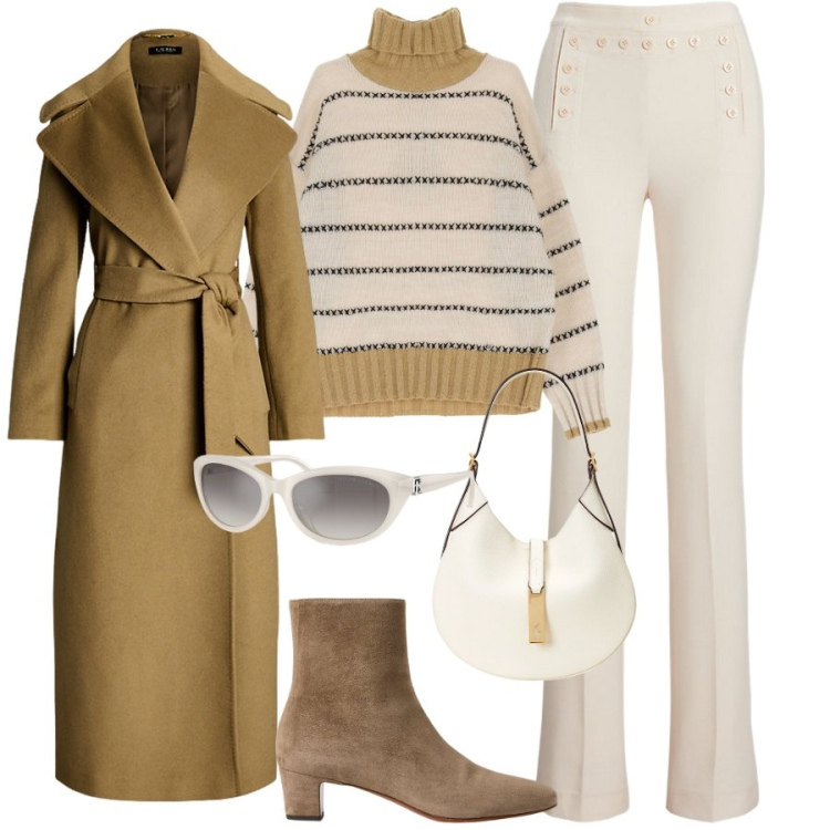 Outfit donna - Toni neutri. Stile Trendy per Tutti i giorni. Abbinamento con maglieria, occhiali da sole, pantaloni, borse a spalla, stivaletti, cappotti.