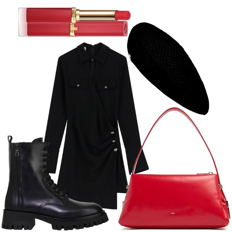 Outfit donna - Grintosa. Stile Trendy per Serata fuori. Abbinamento con rossetti, vestiti asimmetrici, stivali, berretti, borse a spalla.