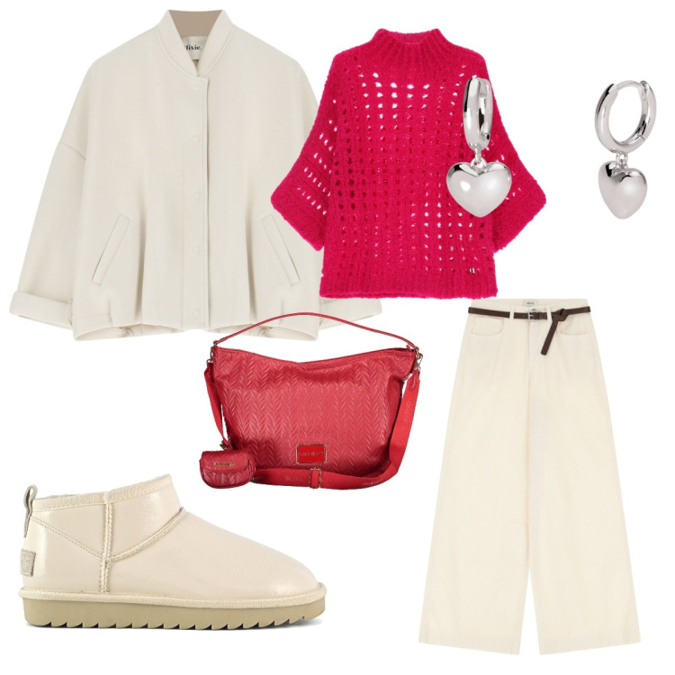 Outfit donna - Avorio e rosso. Stile Casual per Tutti i giorni. Abbinamento con orecchini, pantaloni, pullovers, bomber, stivali, pochette.