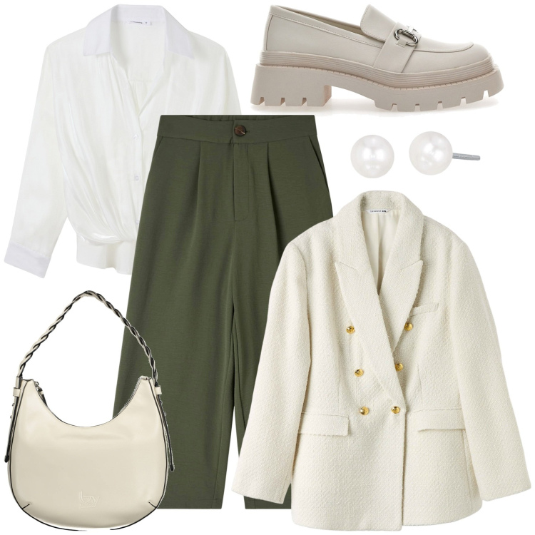 Outfit donna - Pantalone palazzo. Stile Casual chic per Ufficio. Abbinamento con pantaloni a palazzo, camicie, blazer, orecchini, mocassini, borse a spalla.