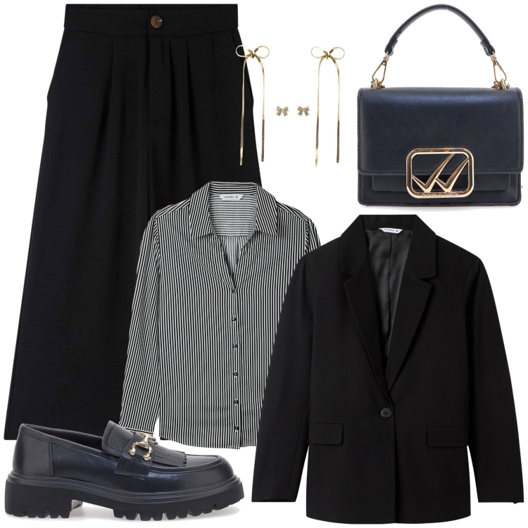 Outfit donna - Formale. Stile Casual chic per Serata fuori. Abbinamento con pantaloni a palazzo, camicie, blazer, orecchini, borse a tracolla, mocassini.