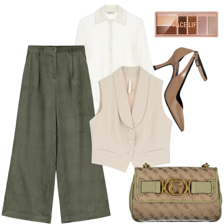 Outfit donna - Chic. Stile Chic per Serata fuori. Abbinamento con terre, gilet, pantaloni a palazzo, décolleté, camicie, borse a tracolla.
