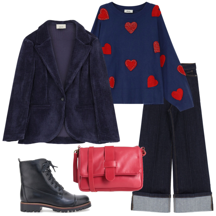Outfit donna - Dixie. Stile Casual per Serata fuori. Abbinamento con borse a tracolla, blazer, jeans, maglieria, stivaletti.