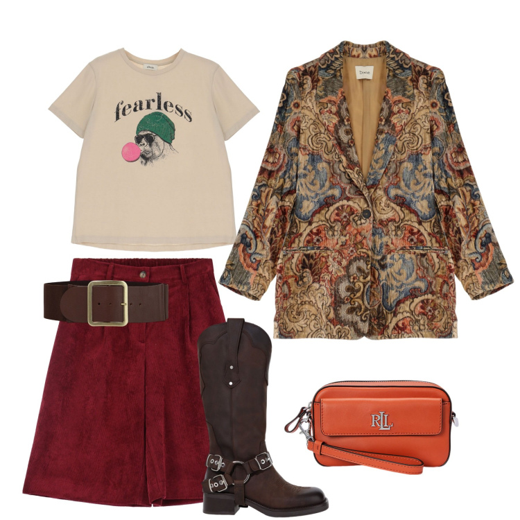 Outfit donna - Preppy style. Stile Preppy per Tutti i giorni. Abbinamento con bermuda, t-shirt, blazer, stivali, cinture, pochette.