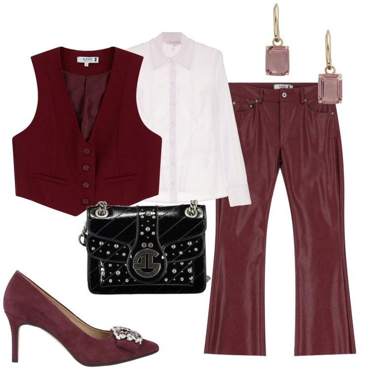 Outfit donna - Serata. Stile Trendy per Serata fuori. Abbinamento con décolleté, camicie, pantaloni, gilet, orecchini, borse a tracolla.