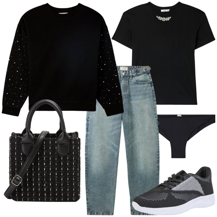 Outfit donna - Terranova. Stile Urban per Tutti i giorni. Abbinamento con culotte, felpe, jeans, shopping bag, sneakers, t-shirt.