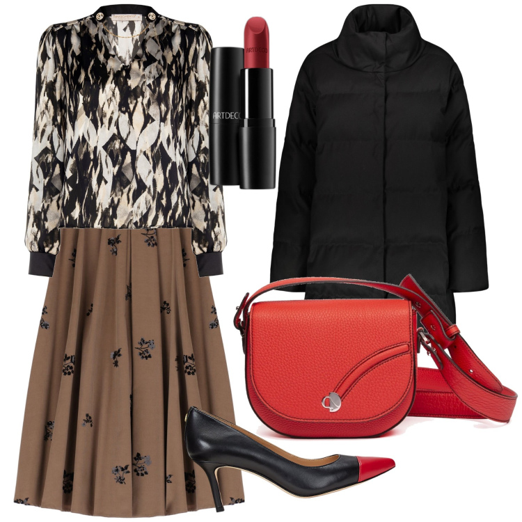 Outfit donna - In giro in centro. Stile Urban per Tutti i giorni. Abbinamento con rossetti, bluse, gonne lunghe, décolleté, cappotti, borse a tracolla.