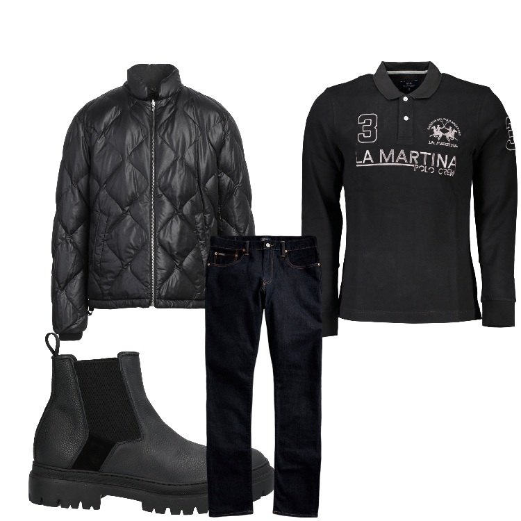 Outfit uomo - It´s a beautiful day. Stile Casual per Tutti i giorni. Abbinamento con stivali e stivaletti, piumini, jeans, polo.