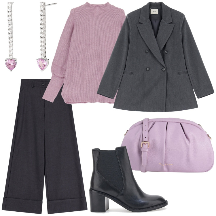 Outfit donna - Palcoscenico urbano. Stile Chic per Ufficio. Abbinamento con borse a tracolla, orecchini, maglieria, pantaloni, blazer, stivaletti.