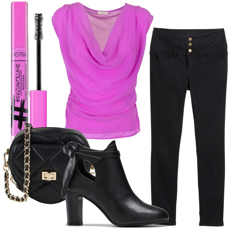 Outfit donna - Top Fucsia. Stile Trendy per Serata fuori. Abbinamento con jeans skinny, stivaletti, borse a tracolla, mascara, top.
