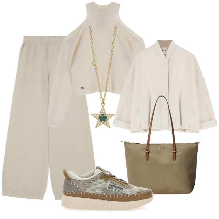 Outfit donna - Completo in maglia e spalle scoperte. Stile Urban per Tutti i giorni. Abbinamento con collane, maglieria, bomber, pantaloni, borse tote, sneakers.