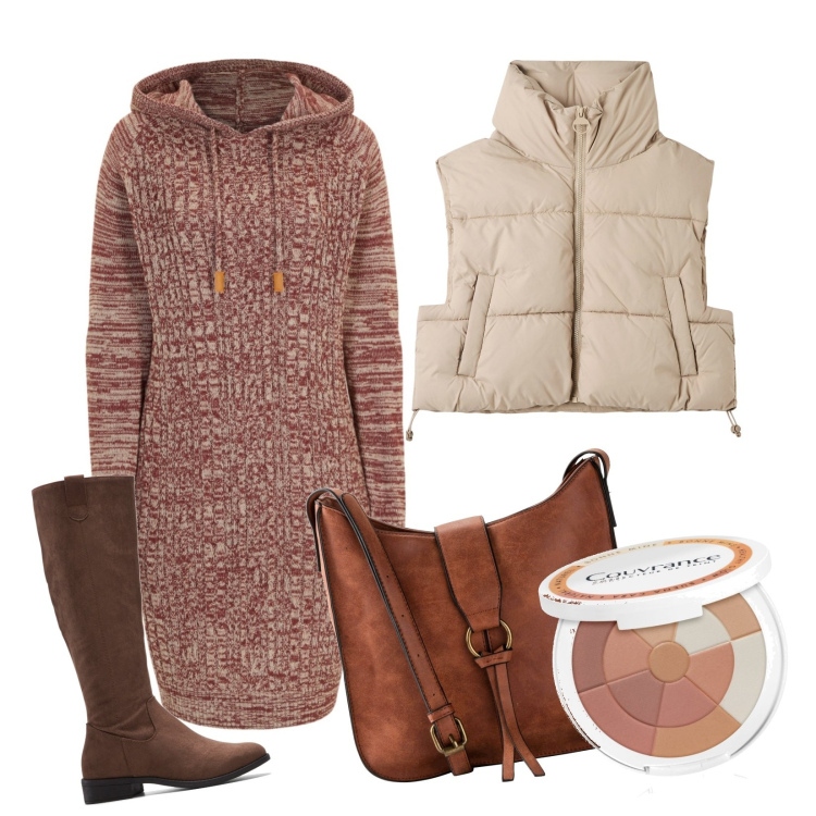 Outfit donna - Inverno 24. Stile Casual per Tutti i giorni. Abbinamento con borse a tracolla, stivali, vestiti, ciprie, piumini.