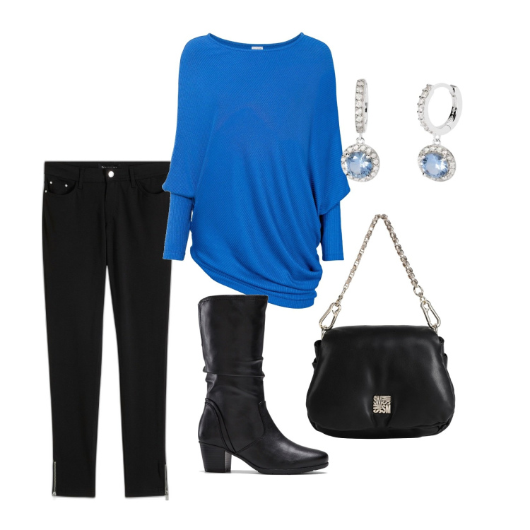 Outfit donna - Nero e blu. Stile Basic per Tutti i giorni. Abbinamento con pantaloni, stivali, maglieria, borse a mano, orecchini.