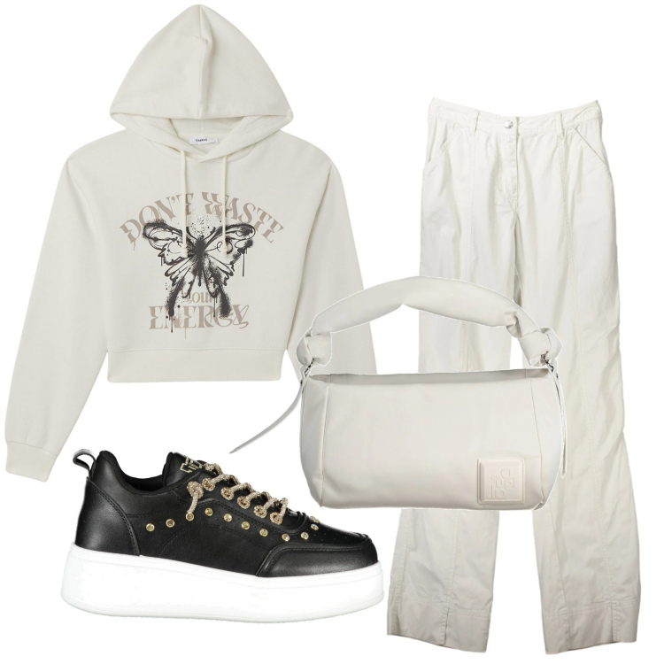 Outfit donna - Linee morbide. Stile Urban per Tutti i giorni. Abbinamento con felpe con cappuccio, pantaloni, sneakers, borse a spalla.