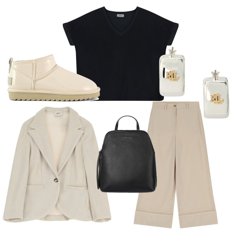 Outfit donna - Black & beige. Stile Glamour per Tutti i giorni. Abbinamento con zaini, blazer, t-shirt, pantaloni, orecchini, stivali.