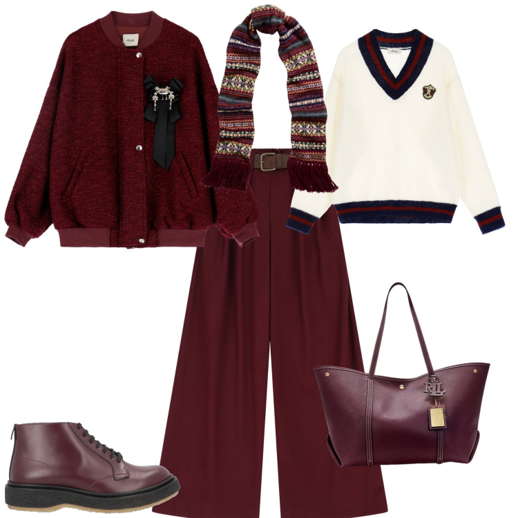 Outfit donna - Total look #2006145. Stile Trendy per Ufficio. Abbinamento con stivaletti, pantaloni a palazzo, bomber, pullovers, borse tote, sciarpe.